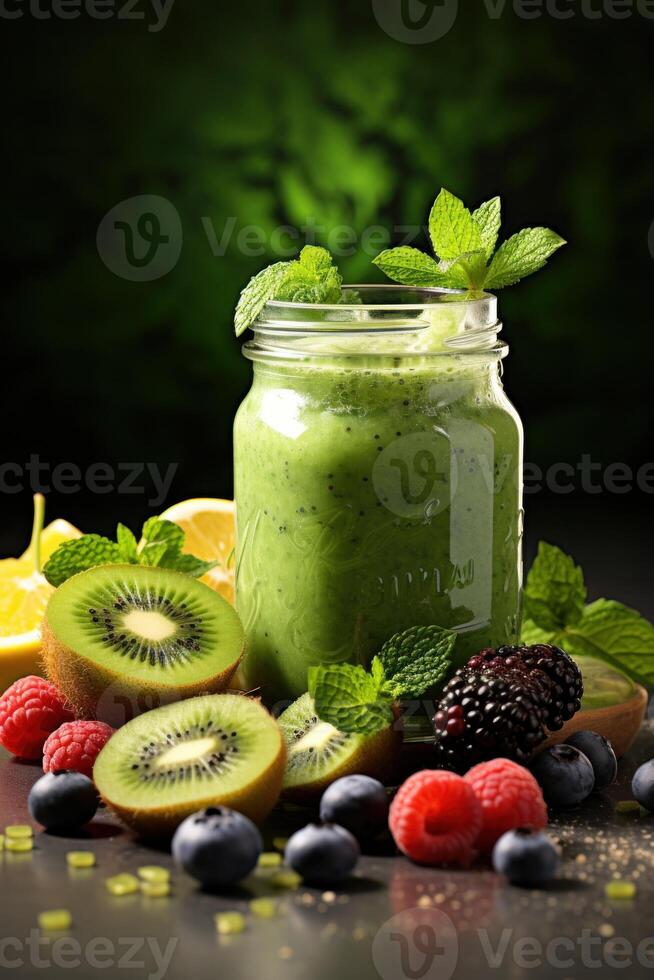 AI generated smoothy in mason jar and fresh fruits photo