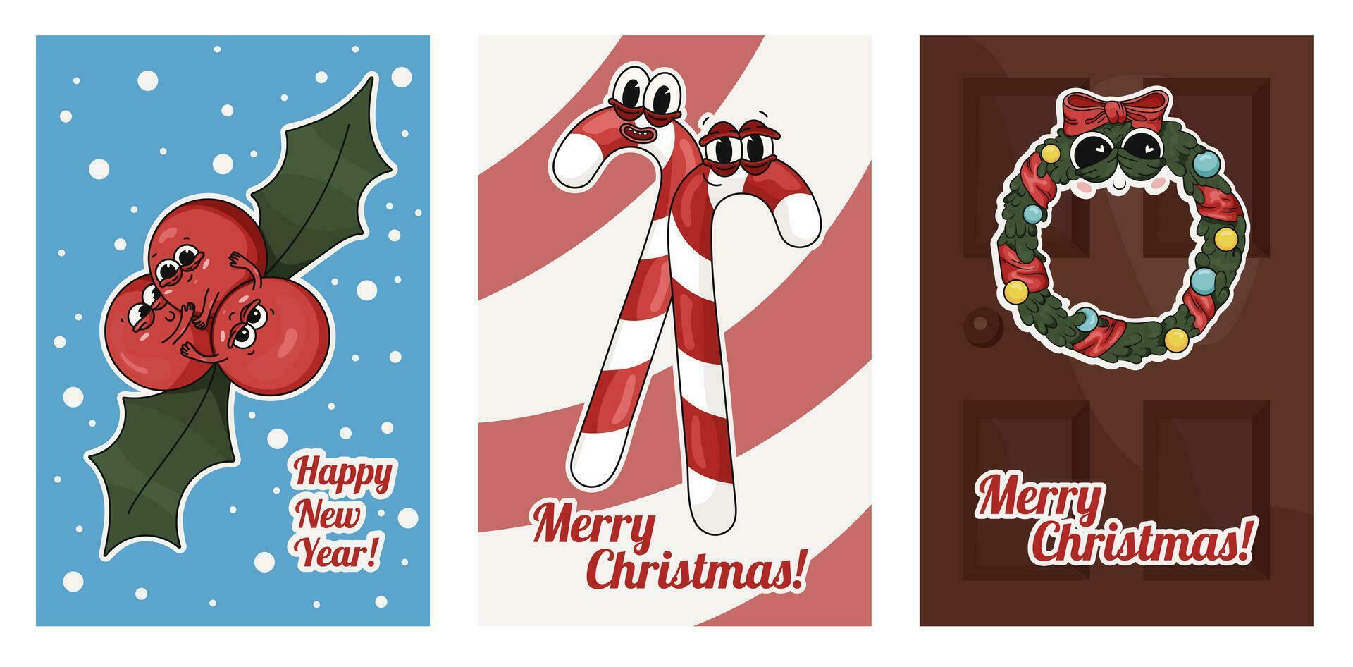 A set of New Year Christmas cards with cartoon characters. New Year, Christmas wreath, candy canes, mistletoe berries, mistletoe vector