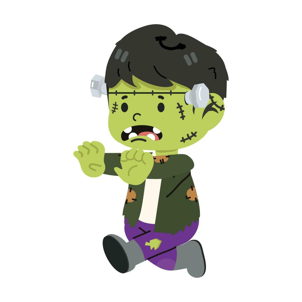 Kid boy Halloween green Frankenstein character vector