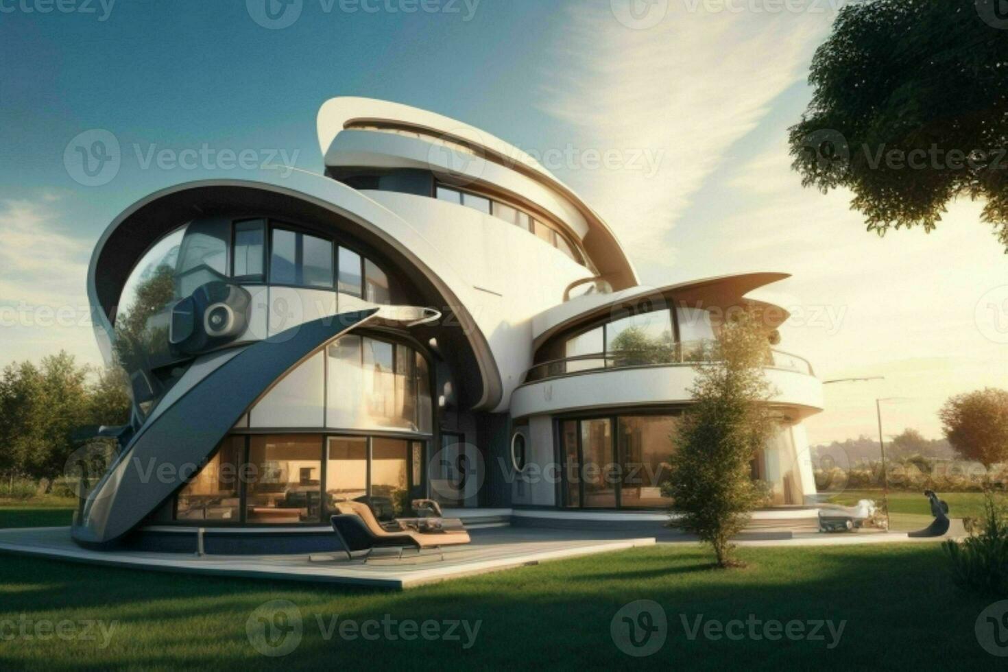 House in trendy futurism style. AI Generative Pro Photo
