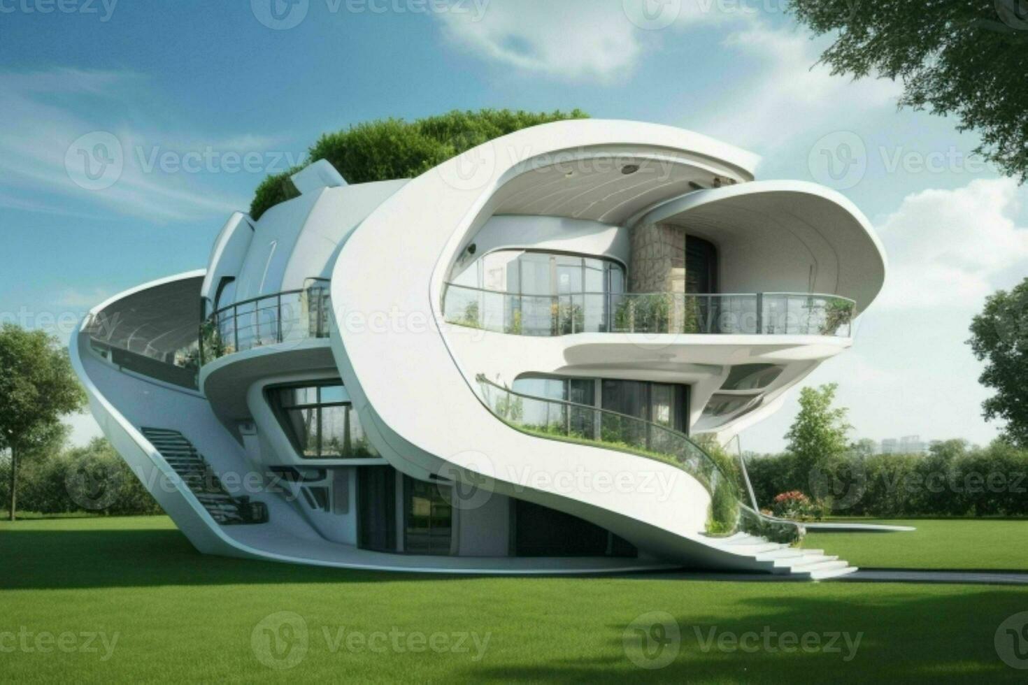House in trendy futurism style. AI Generative Pro Photo