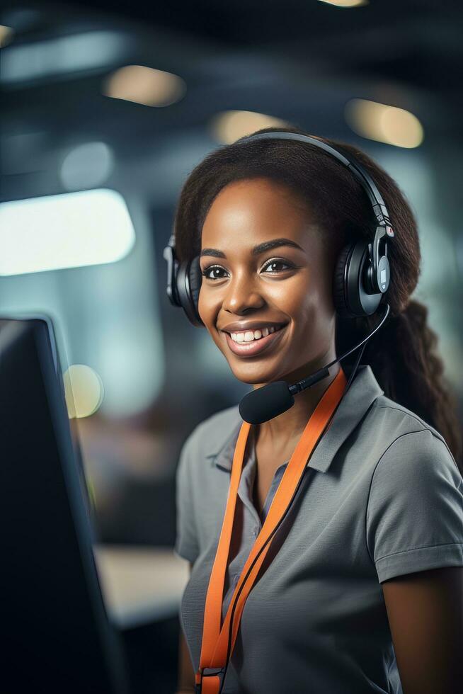 Portrait of a Beautiful African Customer Service Operator, Call Center Worker Talking Through Headset with Customer in Modern Office. photo