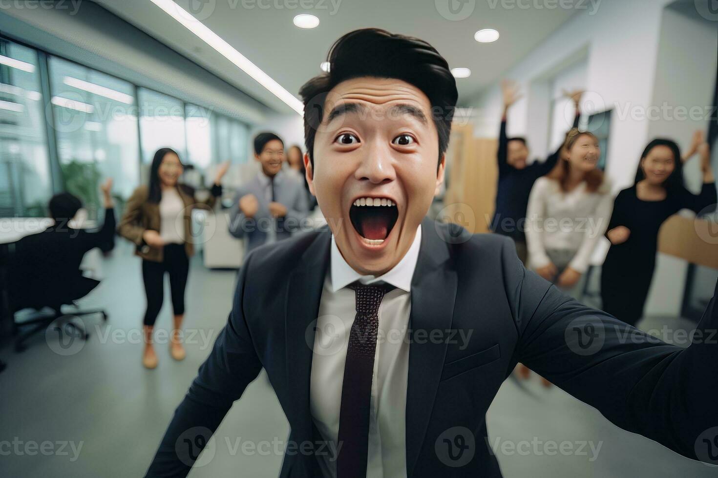 Happy Successful Asian Businessman Celebrating in Modern Office, Celebrate Success and Achieving Goals, Male Entrepreneur Celebrate Winning Moments. photo