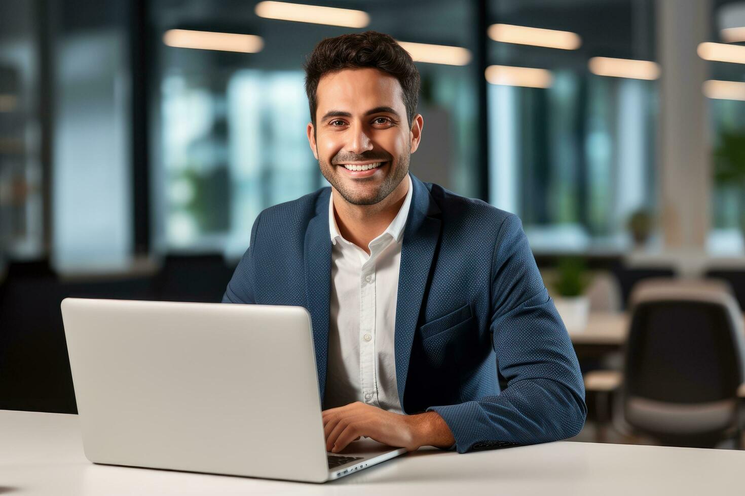 Handsome Latin Businessman Working with Computer, Male Manager Works in Modern Office, Analysis Data Statistics and Business Planning. photo