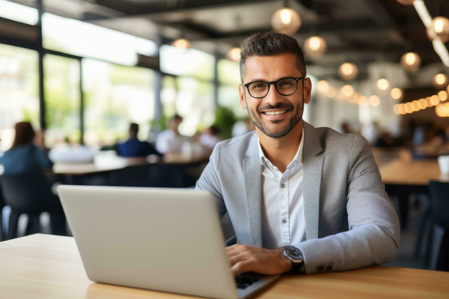 Handsome Latin Businessman Working with Computer, Male Manager Works in Modern Office, Analysis Data Statistics and Business Planning. photo