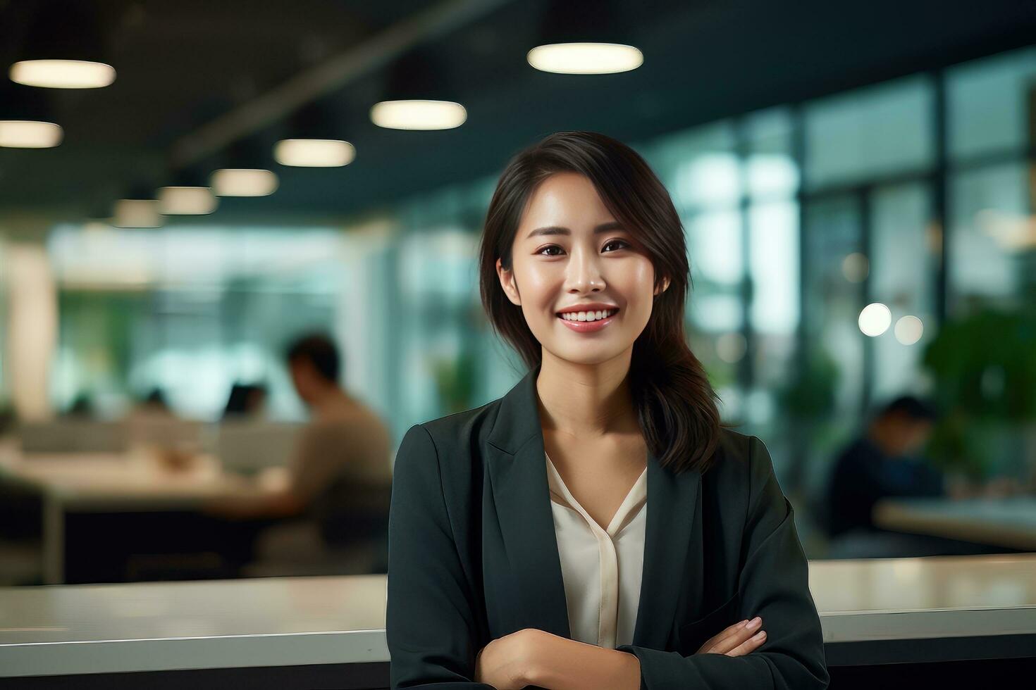 Portrait of a Beautiful Businesswoman in Modern Office, Asian Manager Looking at Camera and Smiling, Confident Female CEO Planning and Managing Company. photo