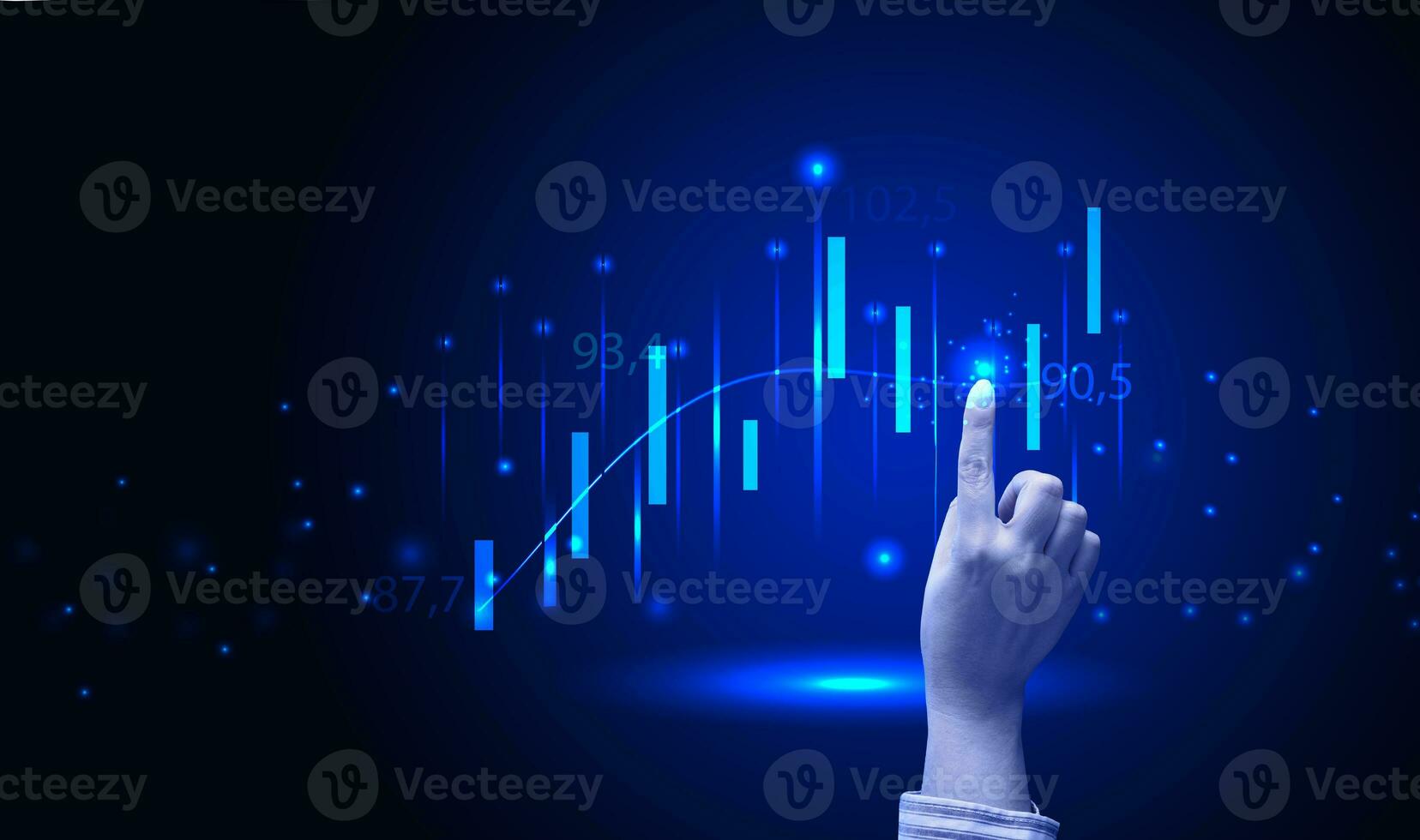 Virtual neon graph and female hand, profit analysis and sales growth dynamics, blue background photo