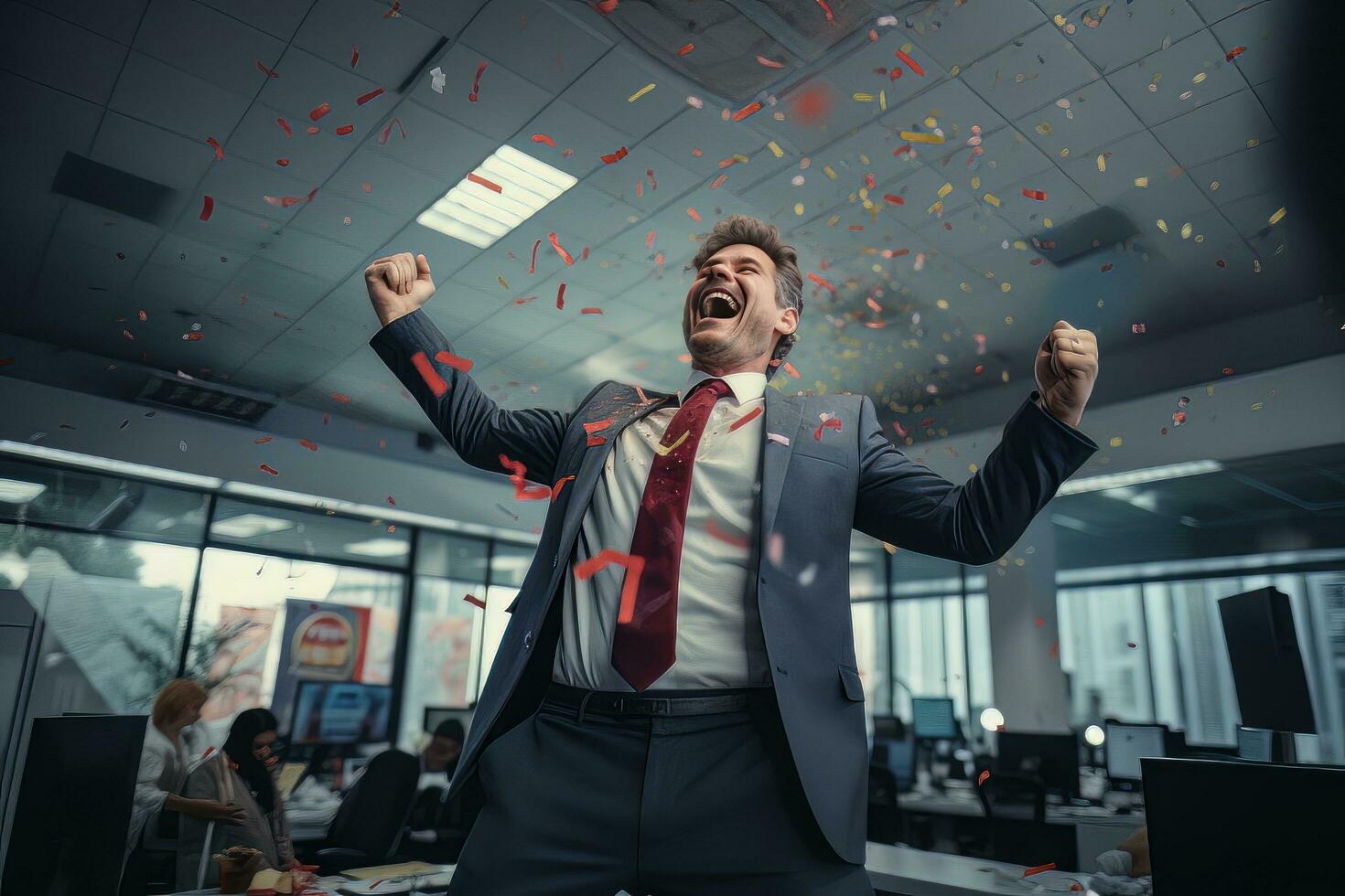 Happy Successful Businessman Celebrating in Modern Office, Manager Celebrates Success and Achieving Goals, Male Entrepreneur Celebrate Winning Moments photo
