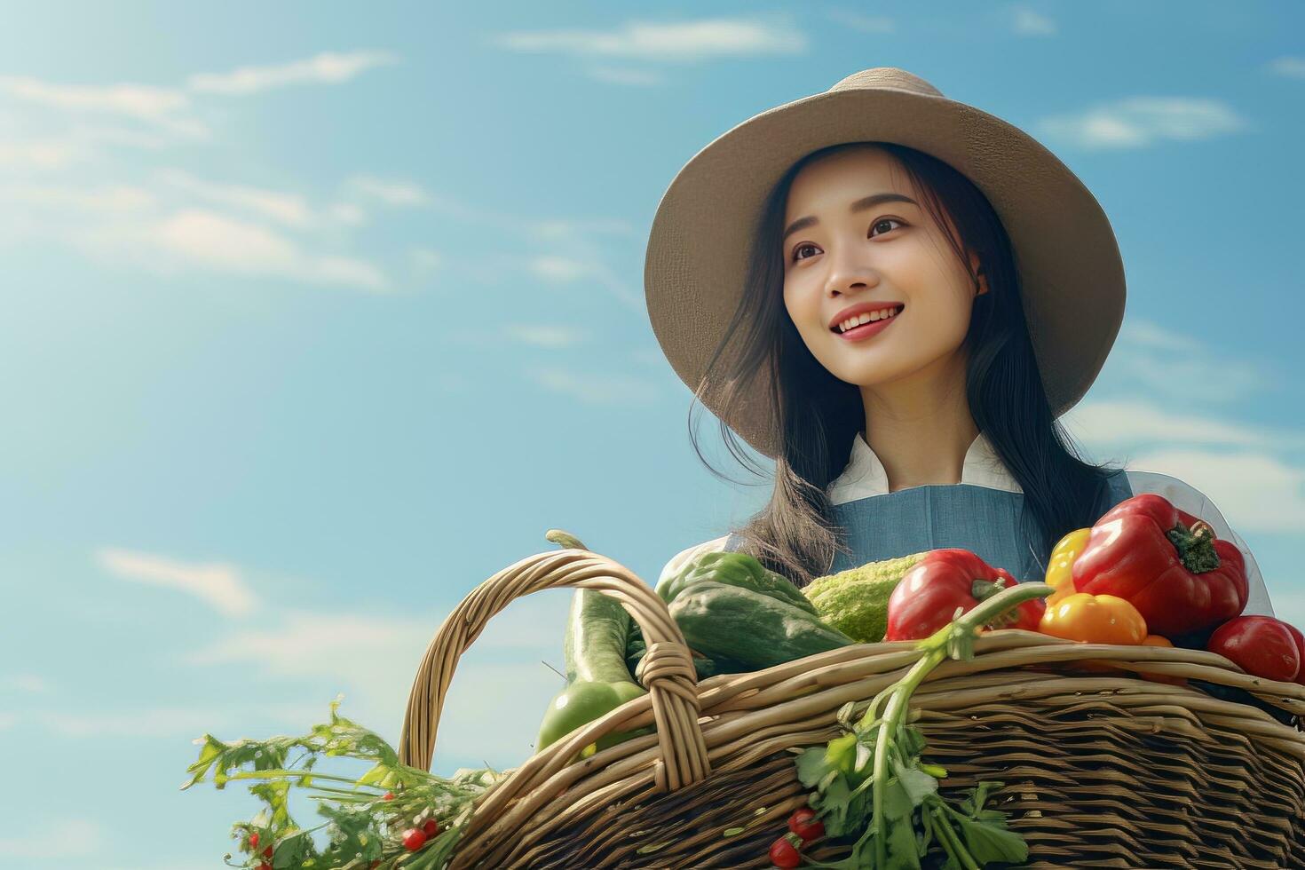 Asian Female Farmer with Basket of Fresh Vegetables, Presenting Organic Vegetables, Healthy Food photo