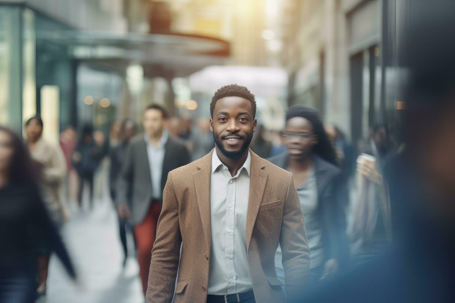 negro empresario caminando en moderno ciudad, hermoso hombre camina en un concurrido peatonal calle, africano gerente rodeado por difuminar personas en ocupado calle. foto