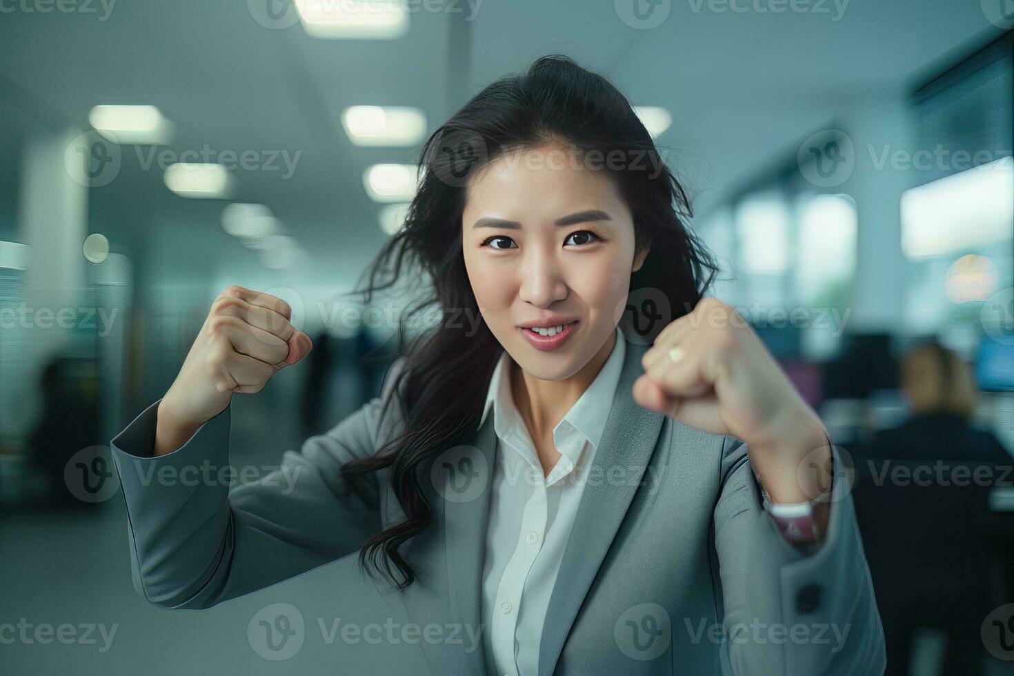 Asian Businesswoman Showing a Fighting Pose, Beautiful Manager Gestures Raising Fists in Modern Office, Female Entrepreneur Fights a Problem, Celebrate Success and Achieving Goals photo