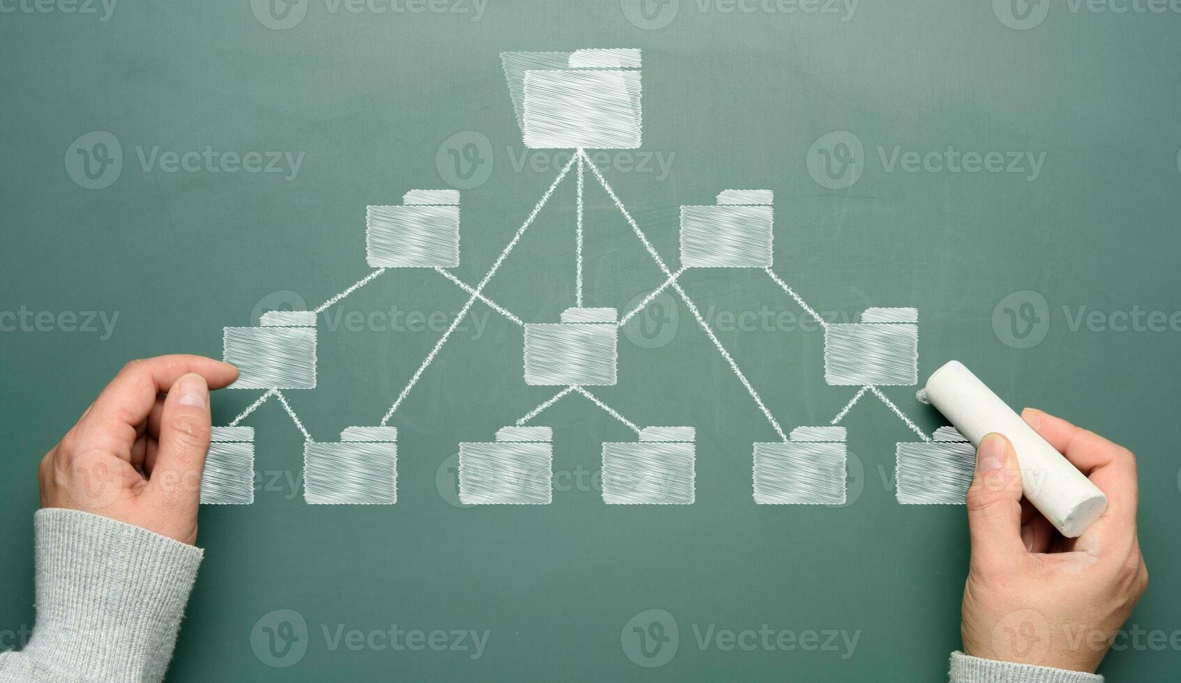 Folder icons drawn in chalk on a green chalk board and a woman's hand with a chalk, organizing documents photo