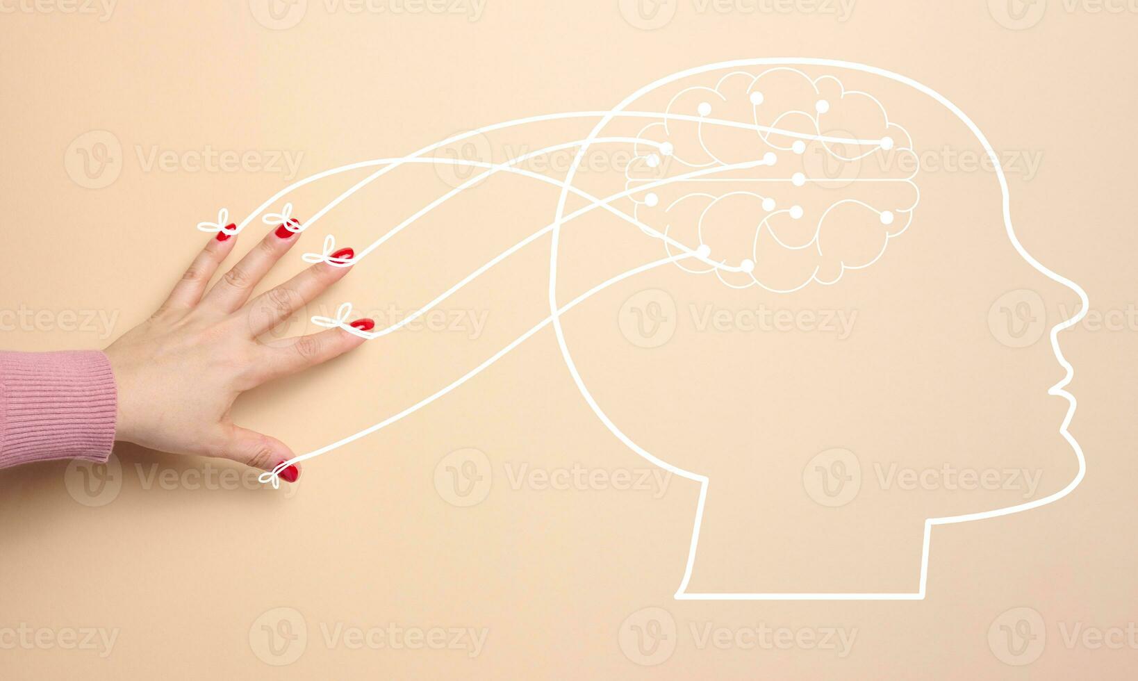 Human head silhouette and hand with ropes, personality manipulation concept, influence photo