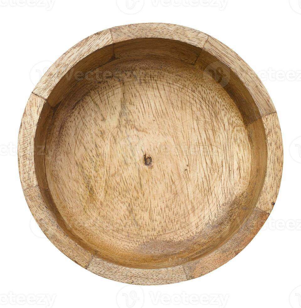 Empty wooden round plate on white isolated background, top view photo