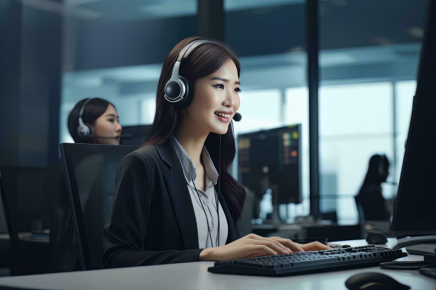 Portrait of a Beautiful Asian Customer Service Operator, Call Center Worker Talking Through Headset with Customer in Modern Office. photo