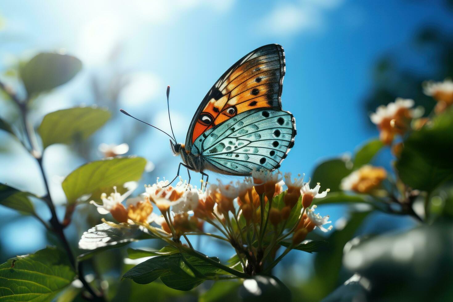 Beautiful Butterfly Surrounded by Flowers and Leaves Blue Sky Background. Generative Ai photo