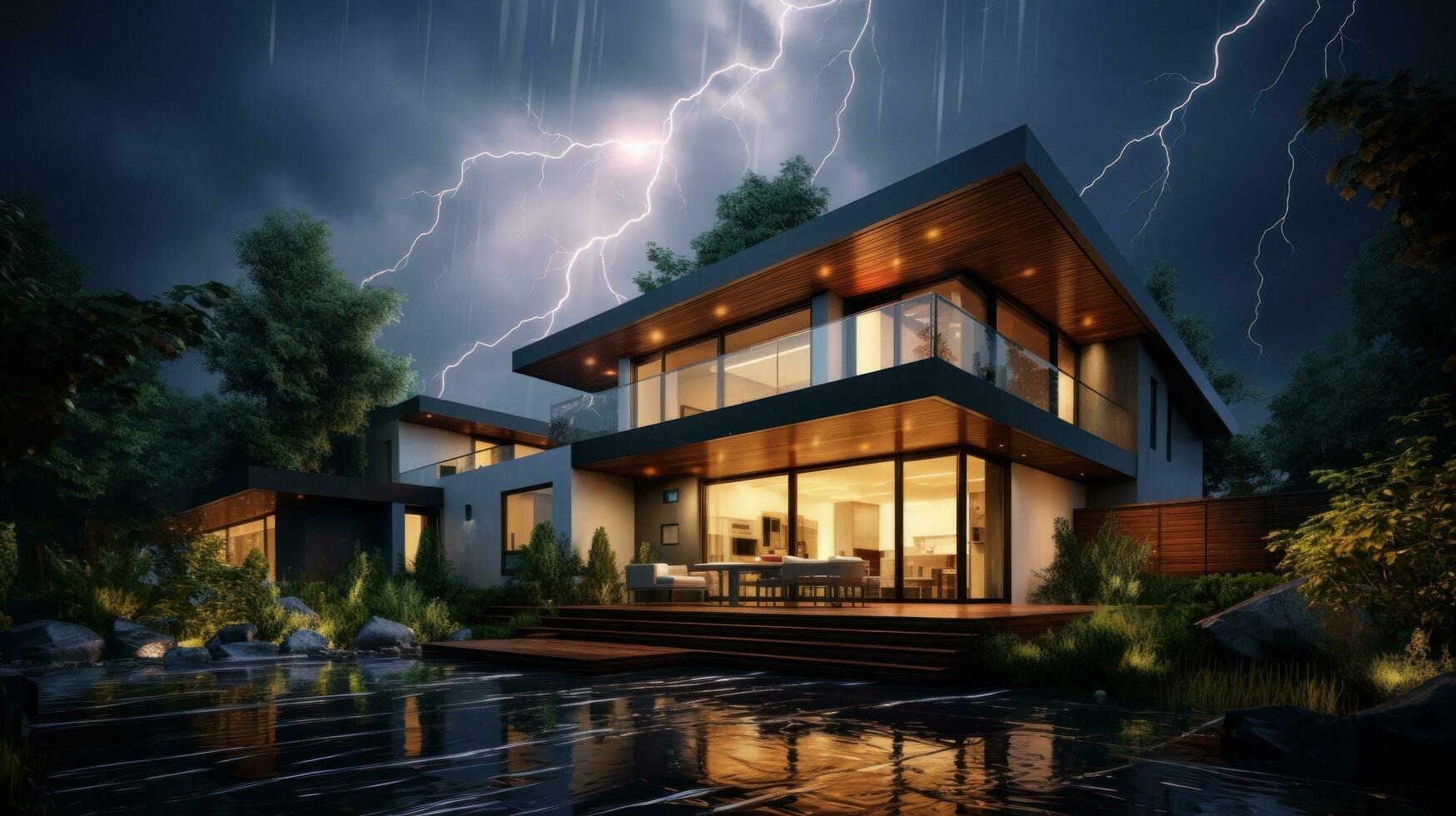 House on Heavy Lightning Thunder Strom Background, Home Insurance Concept. Generative Ai photo