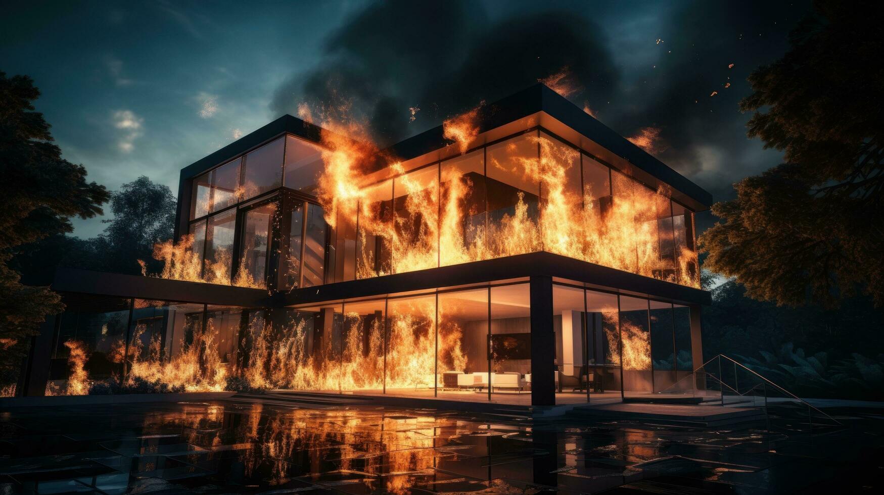 House on Fire Accident, Burning Car Background, Home Insurance Concept. Generative Ai photo