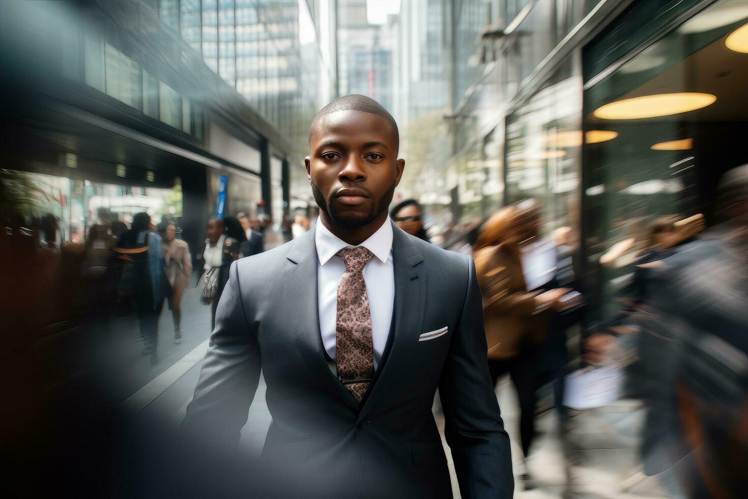 Black Businessman Walking in Modern City, Handsome Man Walks on a Crowded Pedestrian Street, African Manager Surrounded by Blur People on Busy Street. photo