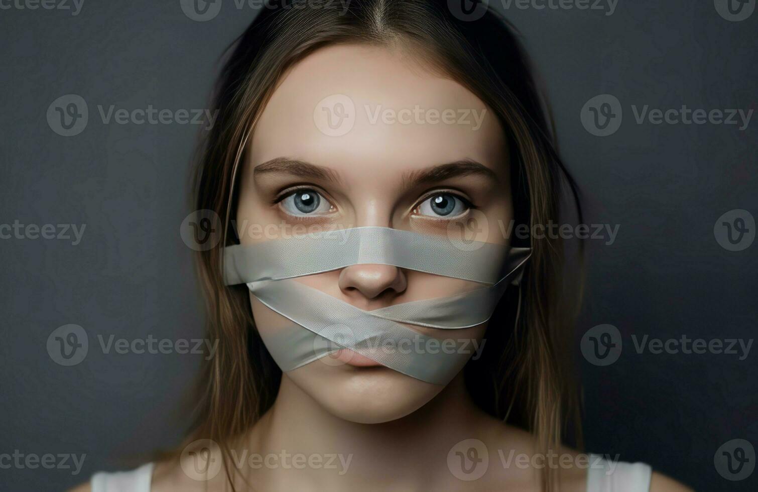 Young woman tape mouth voice. Generate Ai photo