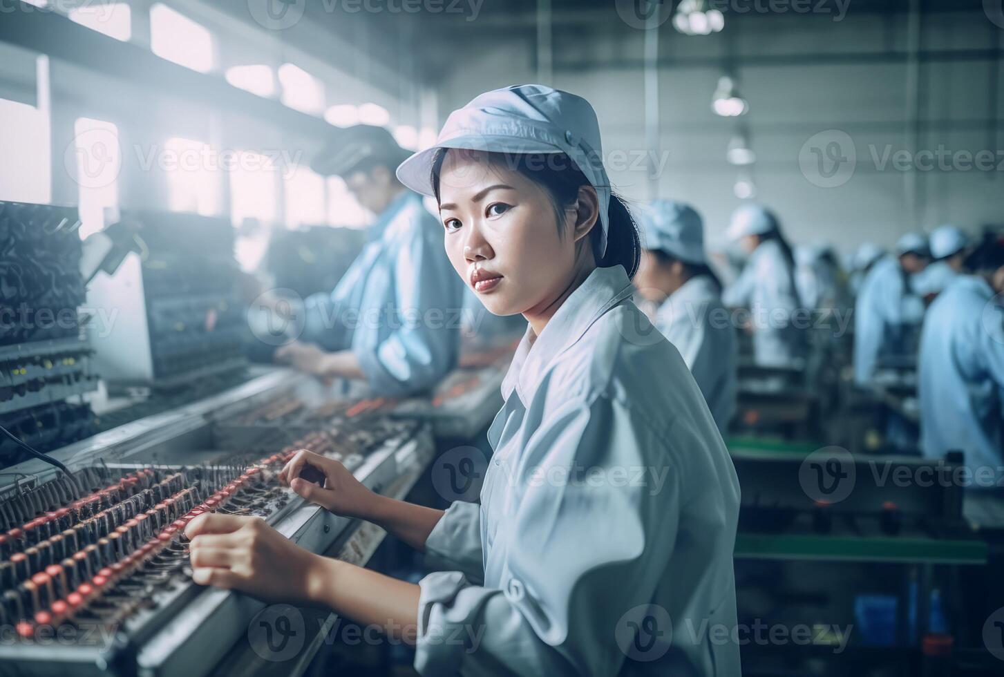 Asian worker factory line. Generate Ai photo