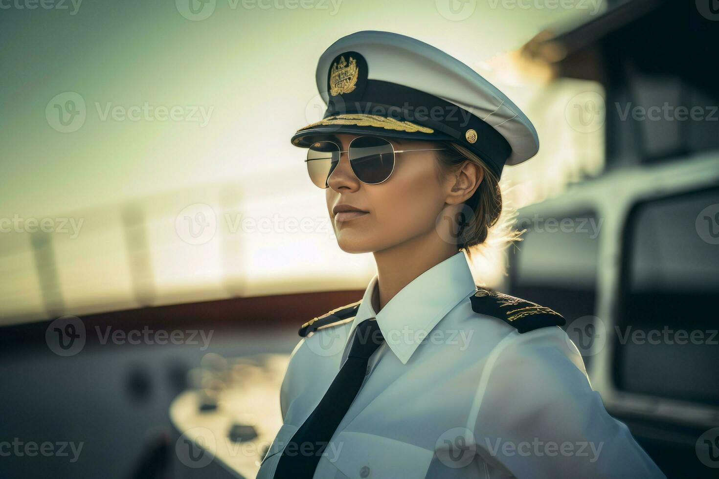 Female yacht captain in sunglasses. Generate Ai photo