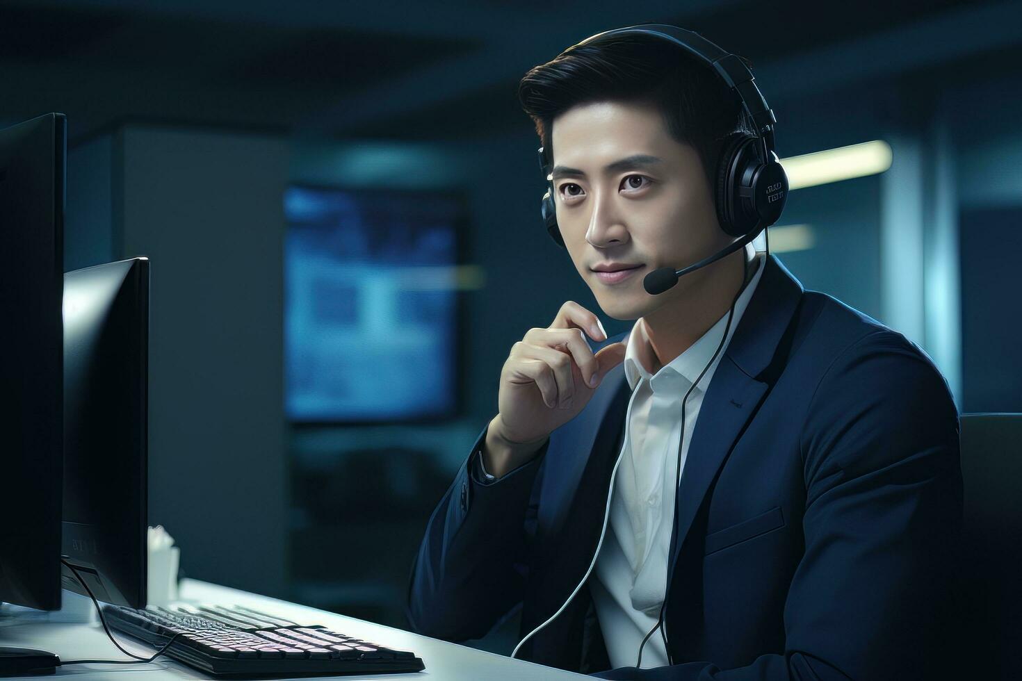 Portrait of a Handsome Asian Man, Customer Service Operator, Call Center Worker Talking Through Headset with Customer in Modern Office. photo