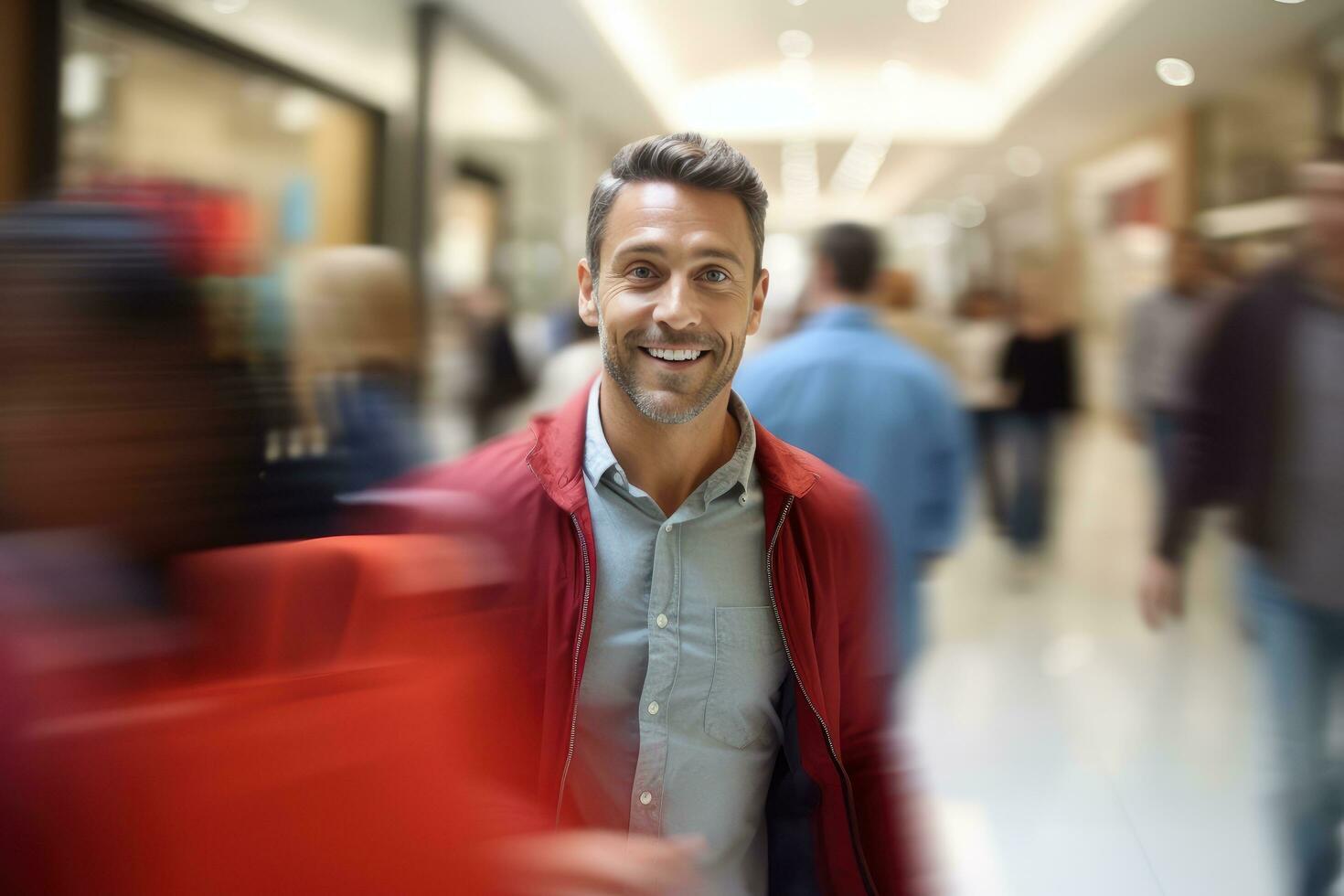 Portrait of Happy Male Goes to Shopping in Modern Clothing Store, Handsome Man Walking in Shopping Mall Surrounded By Blurred People. photo