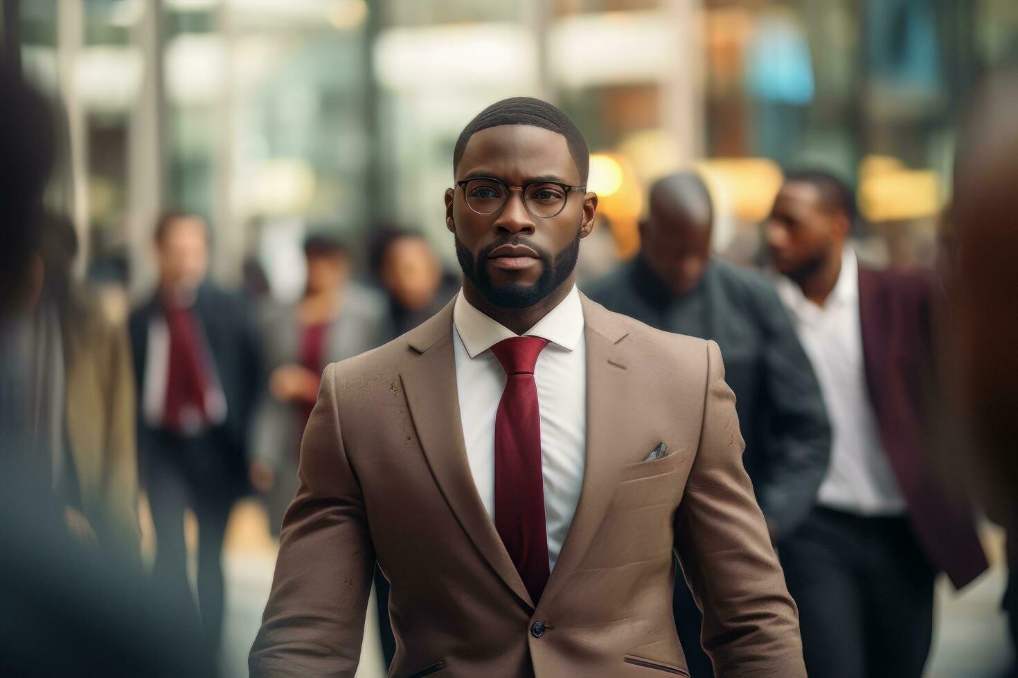 Black Businessman Walking in Modern City, Handsome Man Walks on a Crowded Pedestrian Street, African Manager Surrounded by Blur People on Busy Street. photo