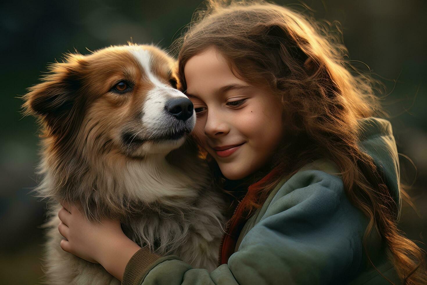 Little Girl Hugging her Dog with Warm Light Background, Kid Hugs a Stray Dog to Conveying a Sense of Love. photo