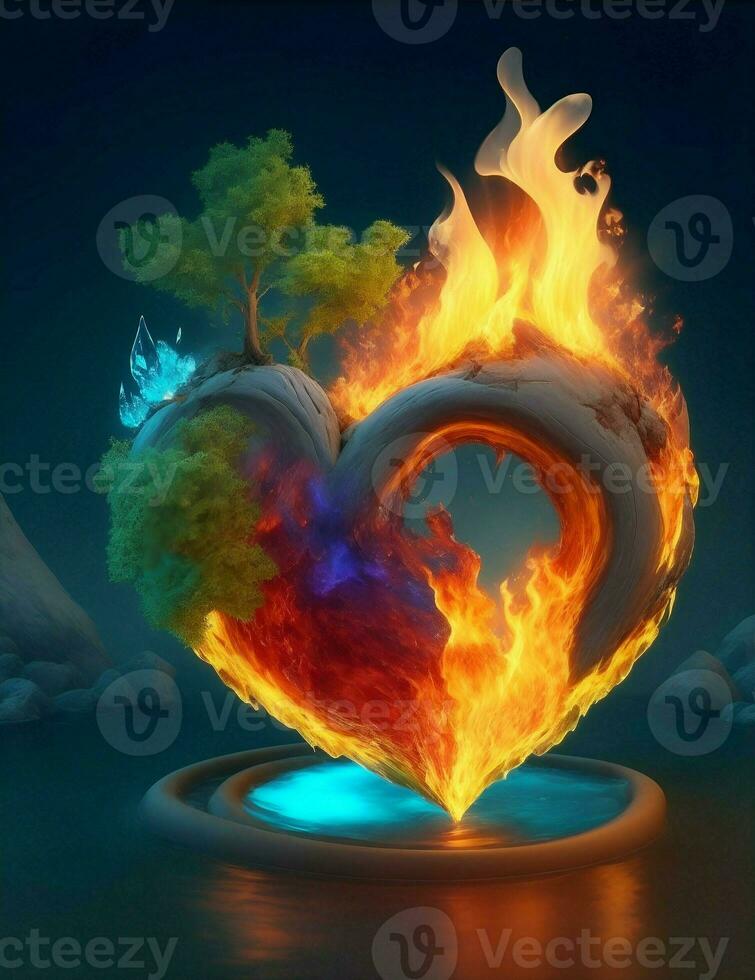 heart with elements of fire, water, earth and nature illustration photo