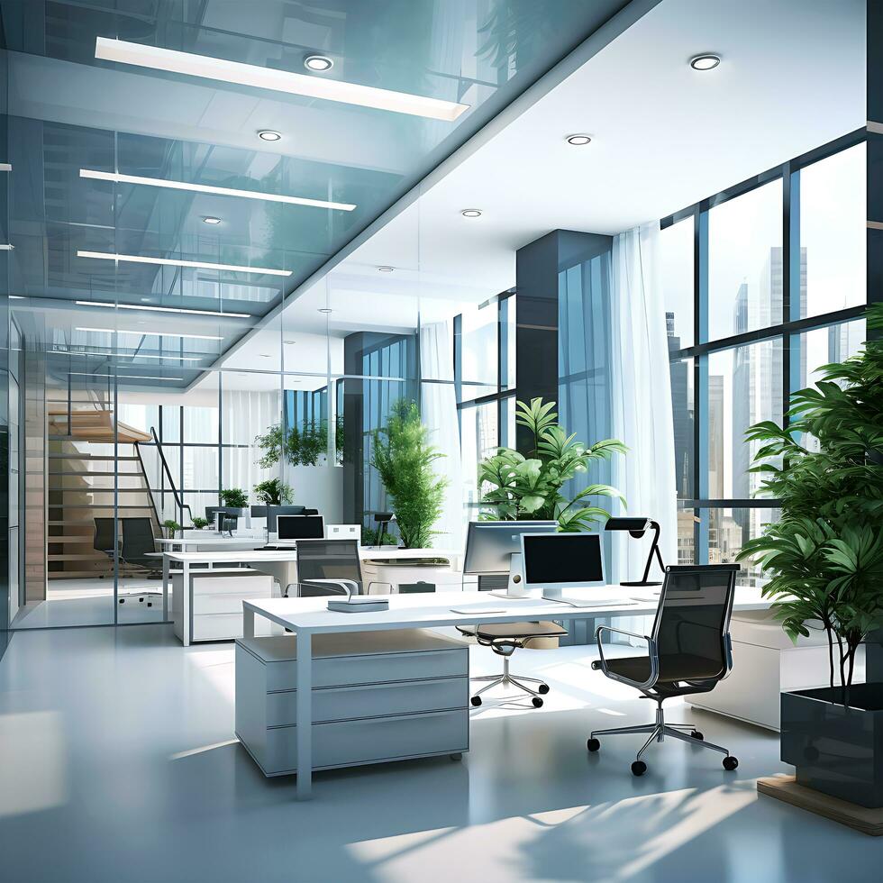 Modern Office room desk interior design illustration generated by AI photo
