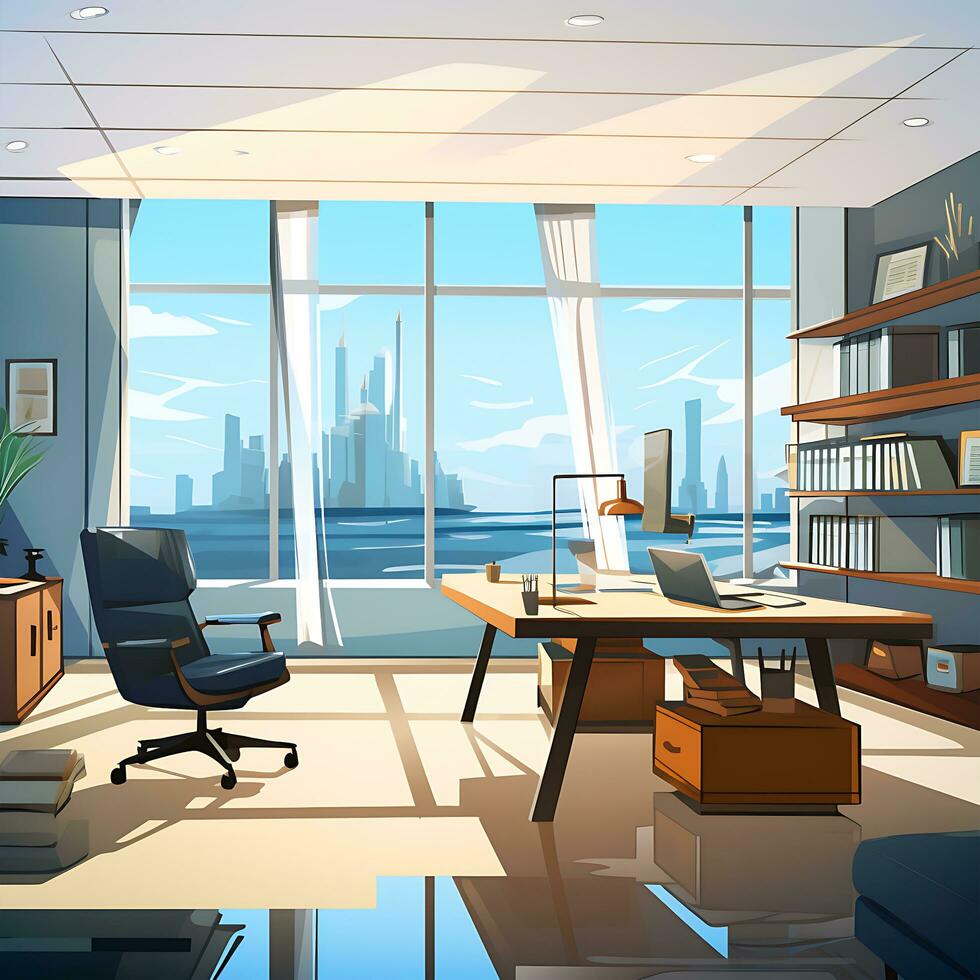Modern Office room desk interior design illustration generated by AI photo