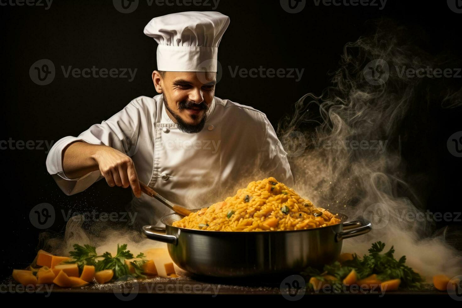 Italian chef stirring creamy pumpkin risotto isolated on a gradient kitchen background photo
