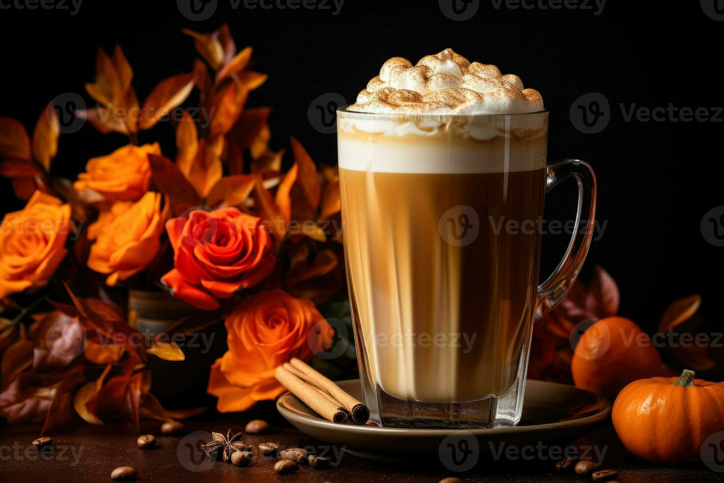 Cinnamon spiced pumpkin latte with fall foliage isolated on a gradient background photo