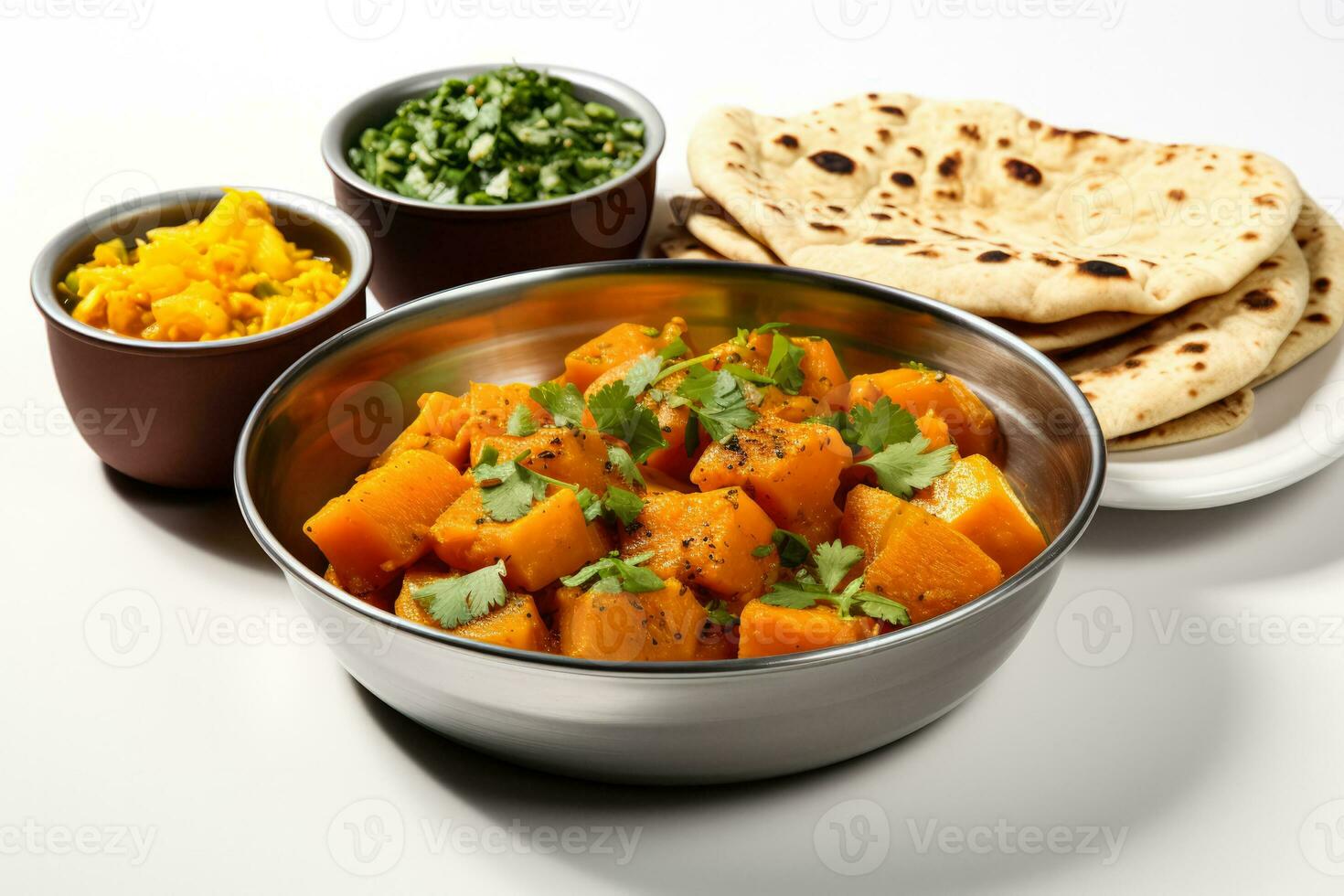 Indian pumpkin curry with side dishes in traditional setting isolated on a white background photo