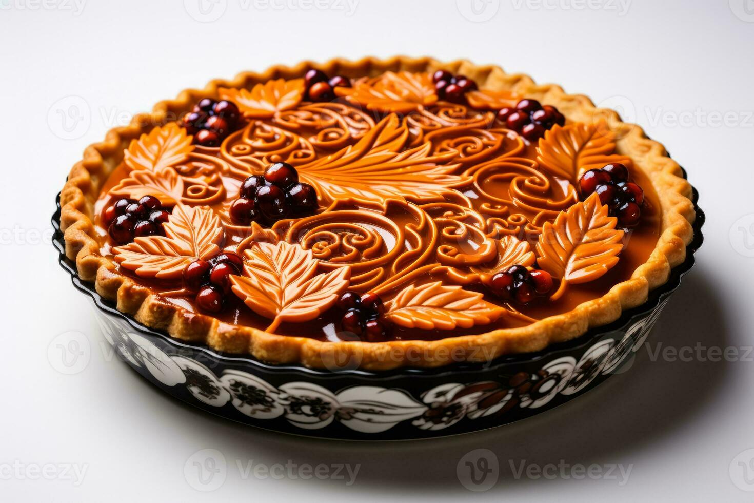 Autumnal pumpkin pie with decorative leaves isolated on a white background photo