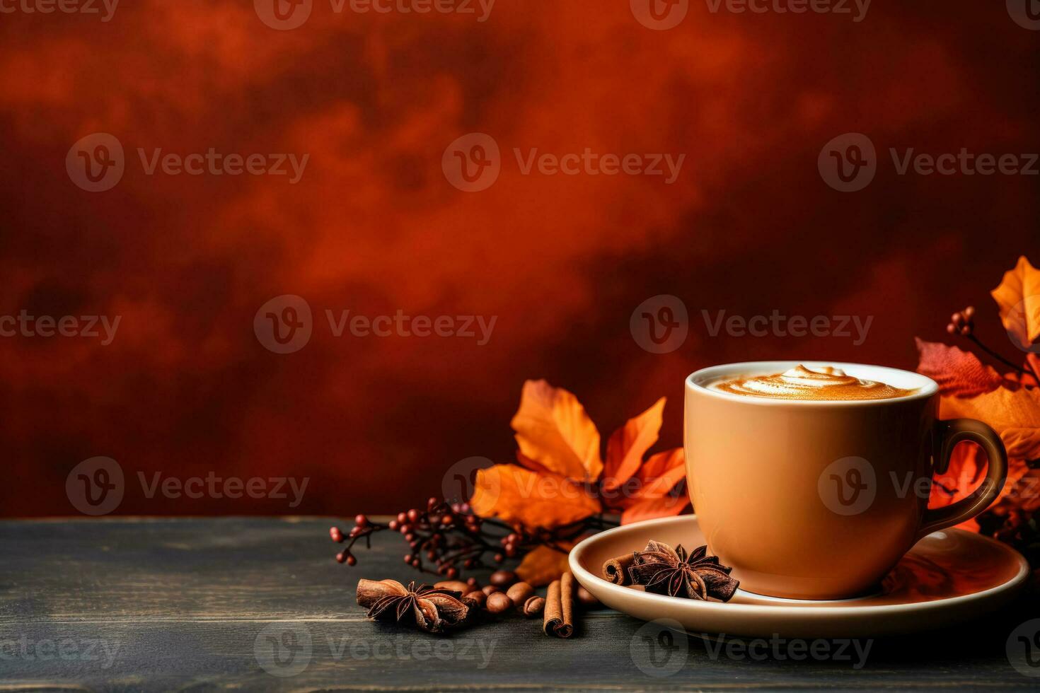 Spiced pumpkin latte with cinnamon still life background with empty space for text photo
