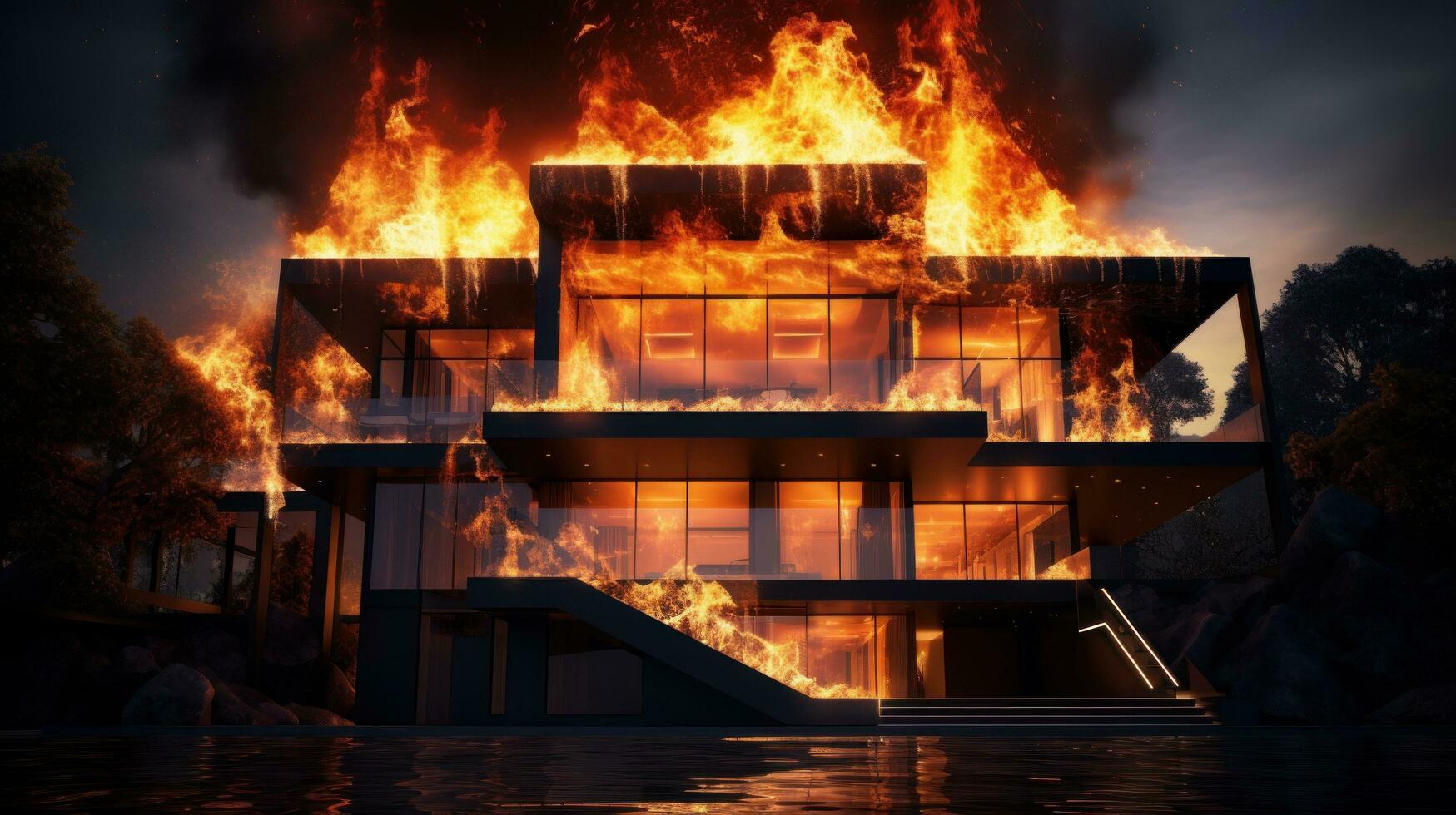 House on Fire Accident, Burning Car Background, Home Insurance Concept. Generative Ai photo