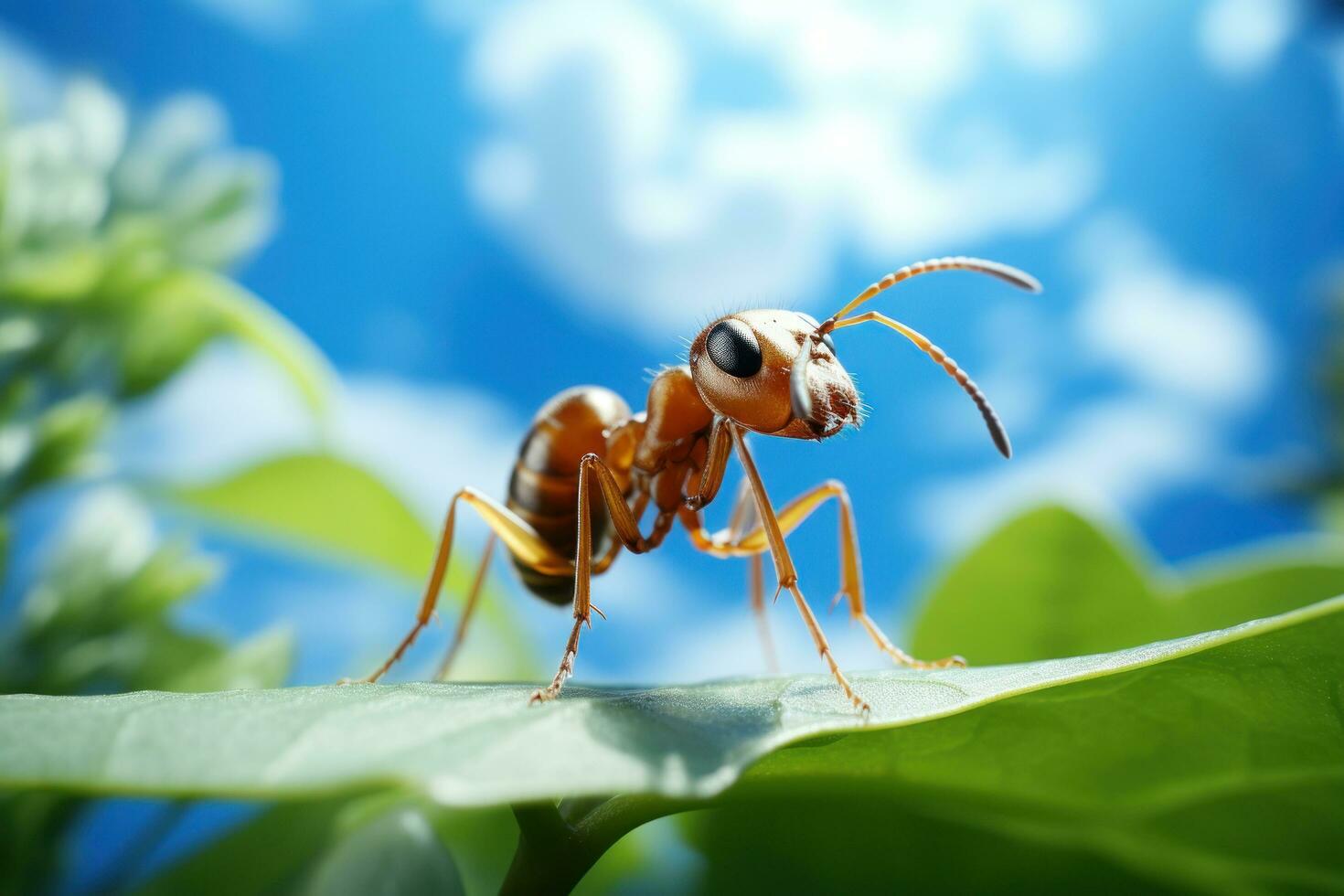 Close up Shot of Ant Finding Food on Leaf Cloudy Blue Sky Background. Generative Ai photo