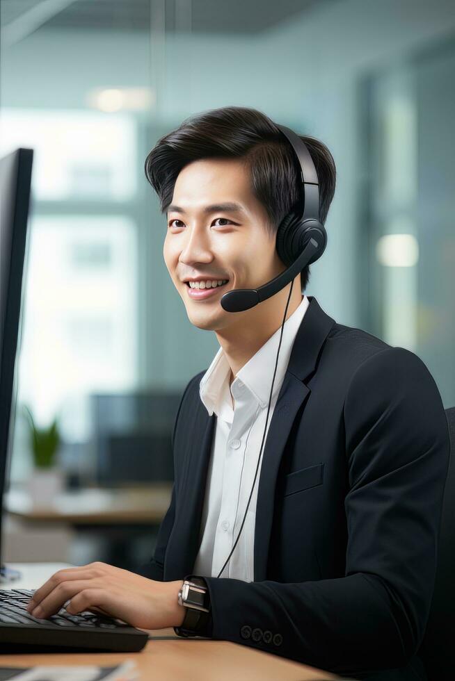 retrato de un hermoso asiático hombre, cliente Servicio operador, llamada centrar trabajador hablando mediante auriculares con cliente en moderno oficina. foto