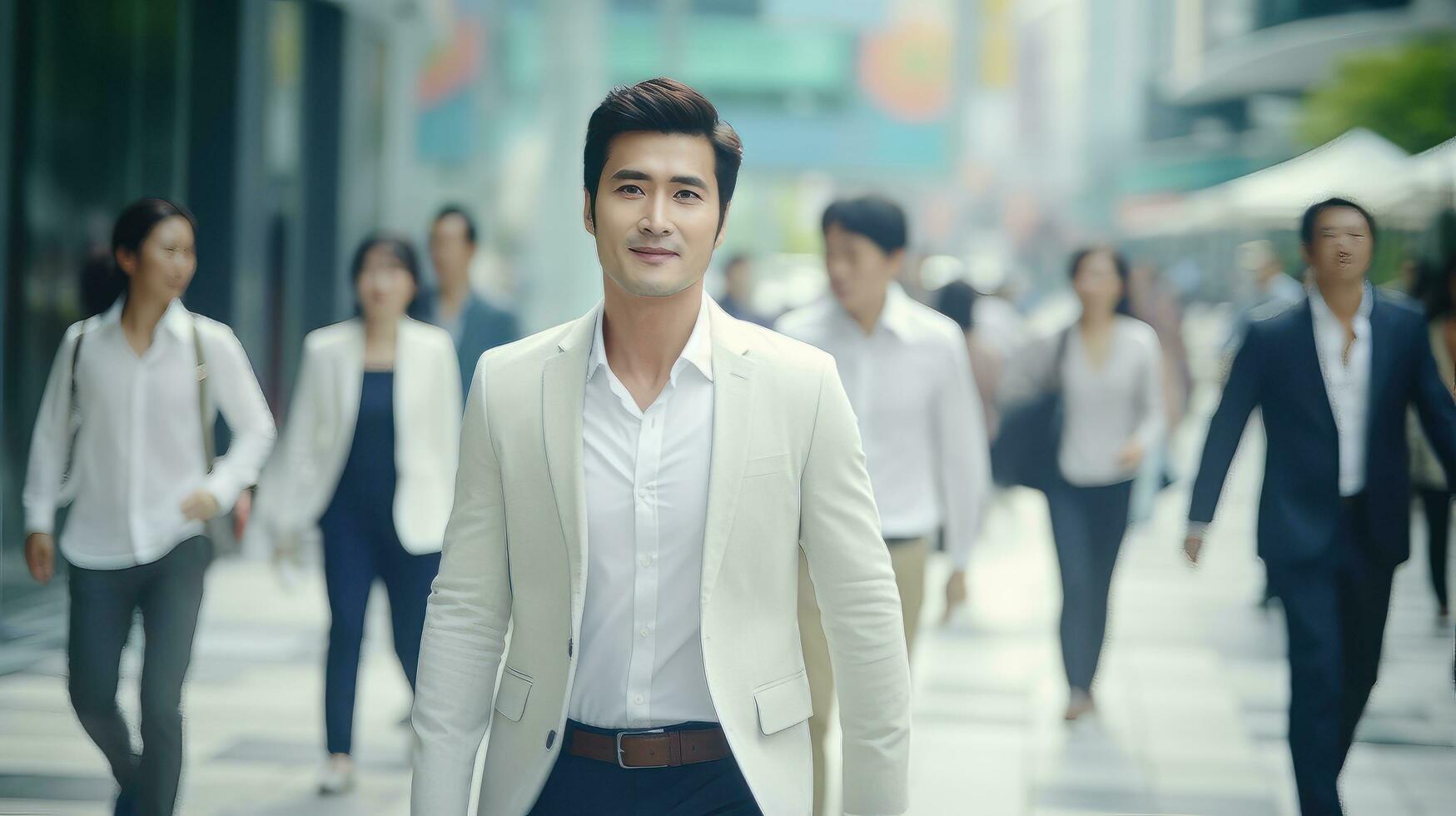 Asian Businessman Walking in Modern City, Handsome Man Walks on a Crowded Pedestrian Street, Asian Manager Surrounded by Blur People on Busy Street. photo