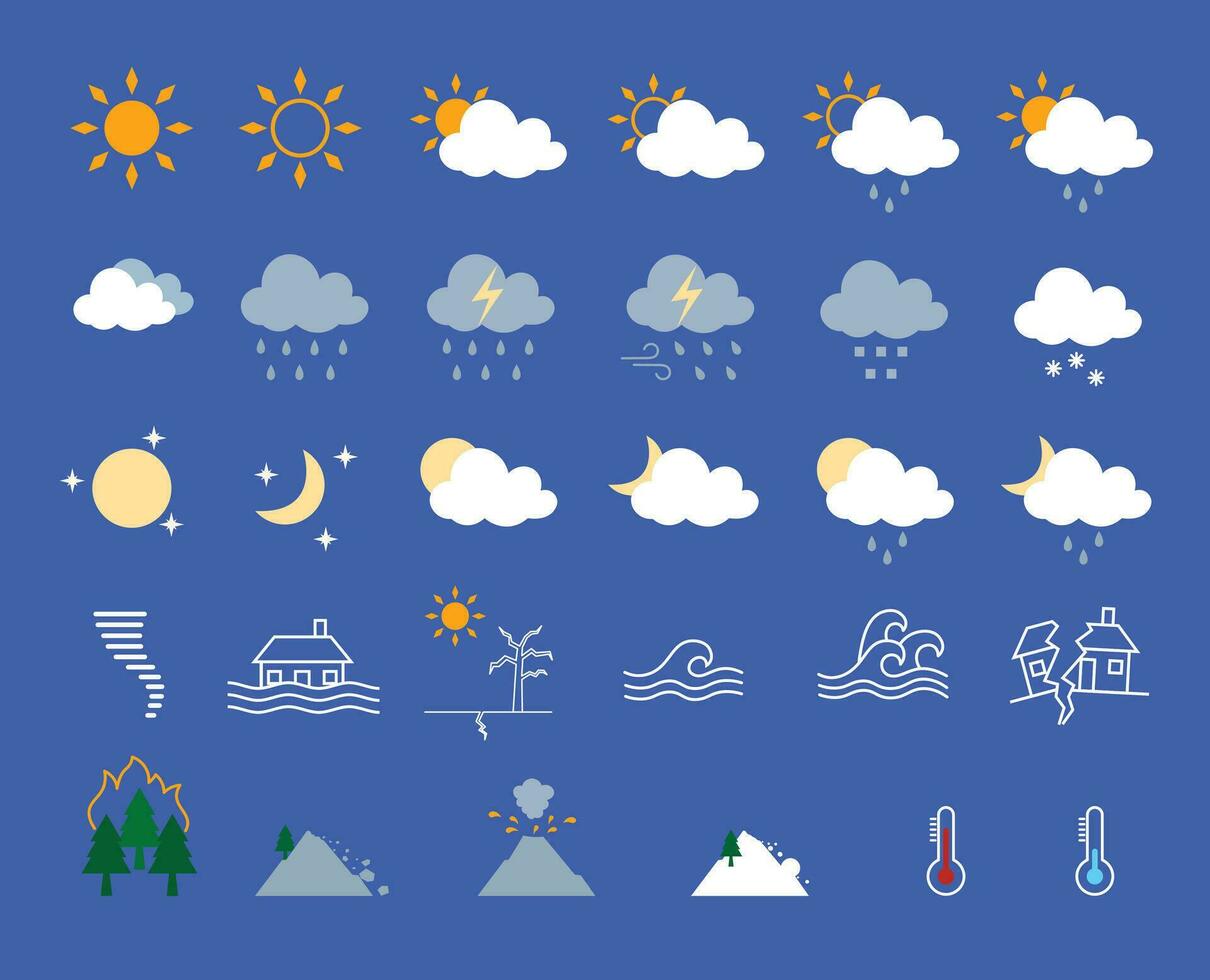 Set of weather and disaster color icons flat vector. Weather symbols. Disaster warning symbol. vector