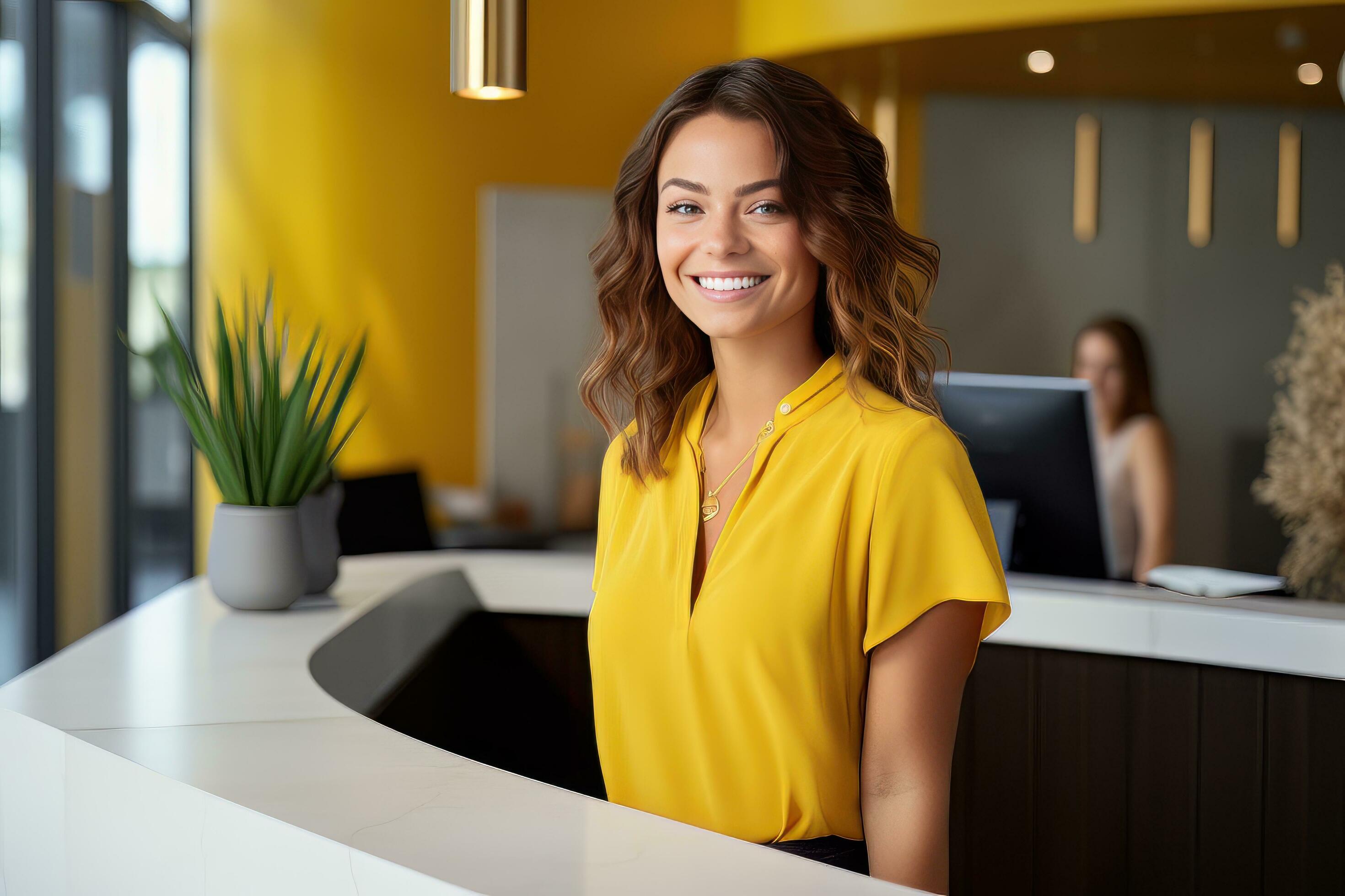 Portrait of Smiling Receptionist Female Greeting Client, Happy Business