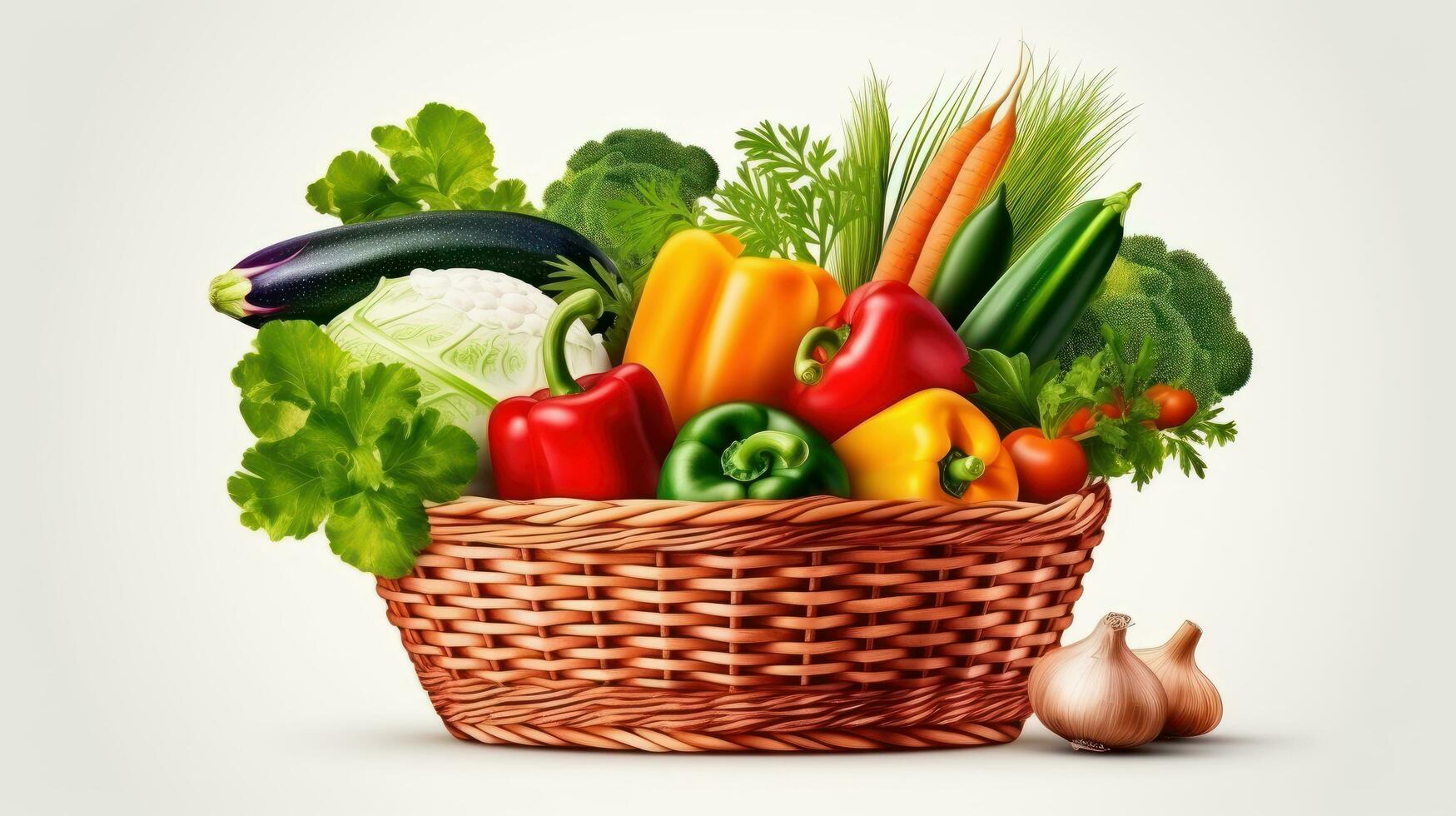 Assorted Organic Vegetables in Basket isolated on White Background. Generative Ai photo