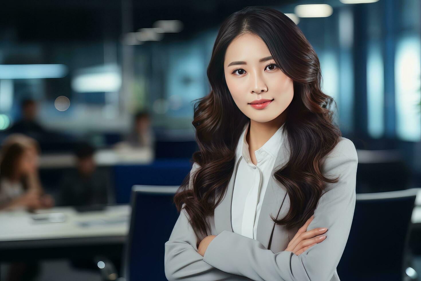 Portrait of a Beautiful Businesswoman in Modern Office, Asian Manager Looking at Camera and Smiling, Confident Female CEO Planning and Managing Company. photo