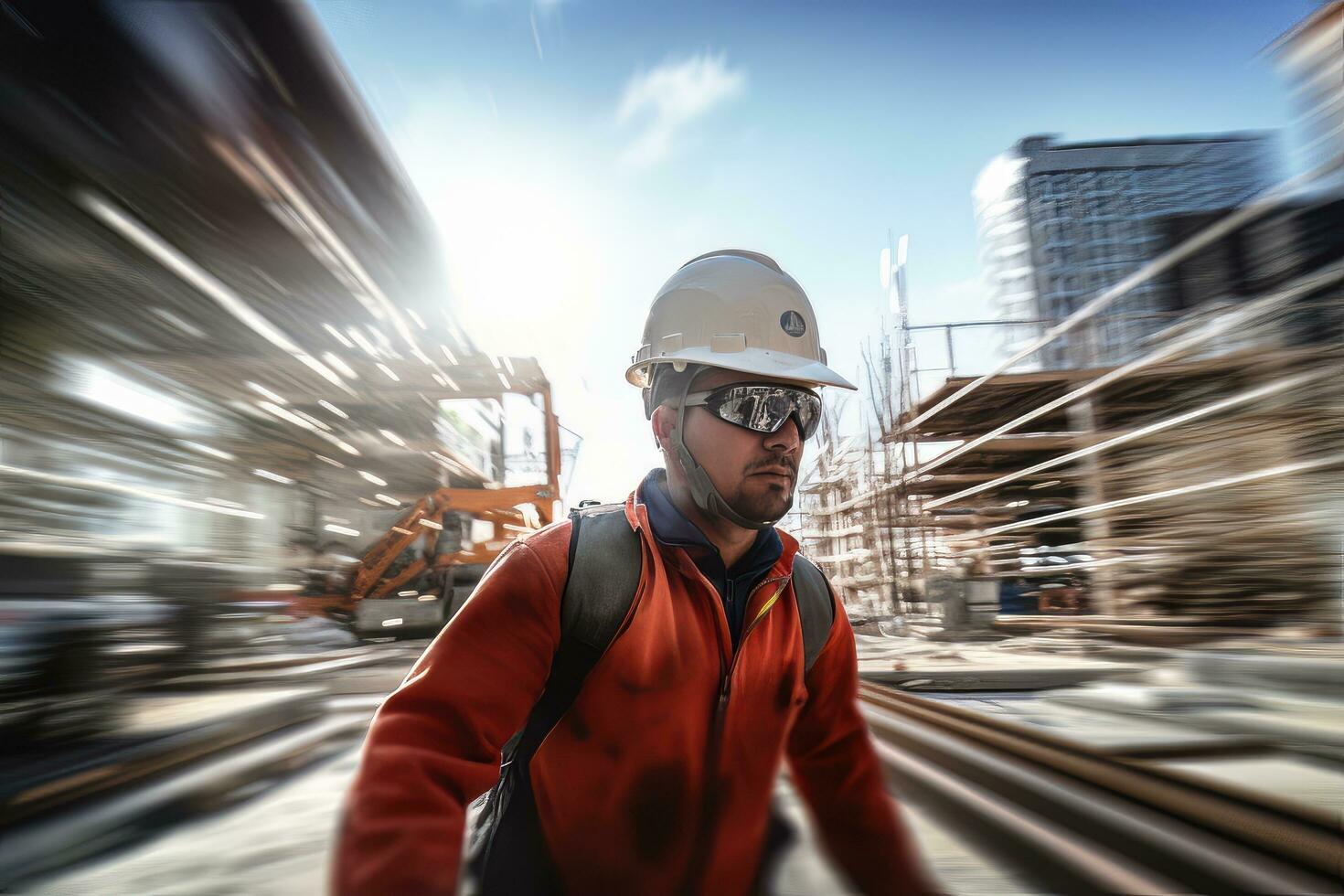 construcción trabajador vistiendo la seguridad uniforme, Ingenieria trabajos en edificio construcción sitio, civil ingeniero observa y comprobación el proyecto foto