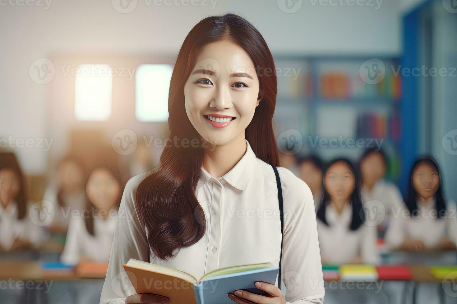 Portrait of Happy Asian Teacher with a Book in School, Young Female Tutor Smiling and Looking at the Camera photo