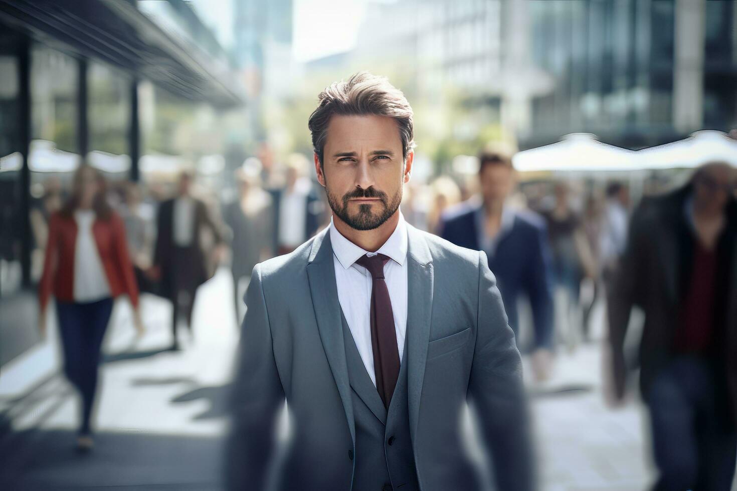 European Businessman Walking in Modern City, Handsome Manager Walks on a Crowded Pedestrian Street, Confident Male on Busy Street. photo