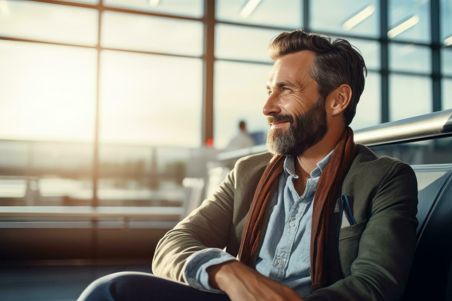 Happy Tourist Smiling at Airport Terminal, Joyful Man Waits for Flight in a Boarding Lounge of Airline Hub. photo